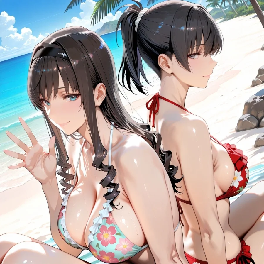 森○はるか&塚○響inビーチ 画像1